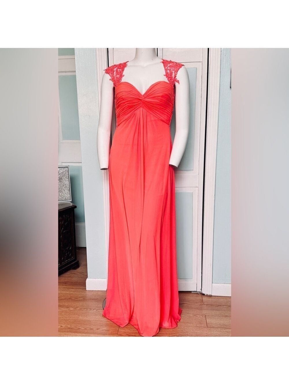 Size 12 14 La Femme Prom Dress Gown Open back Bright orange pink Neon